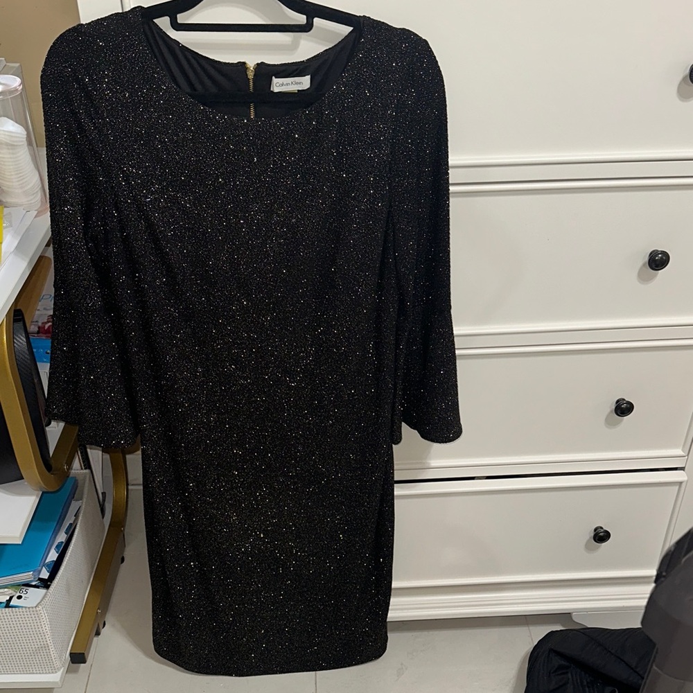 Calvin Klein Black Metallic Sparkle Long Sleeve Shift Dress